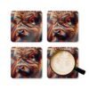 Set of 4 square coasters with an image of a stylized highland cow with multicolor accents. Shown with a mug for scale.