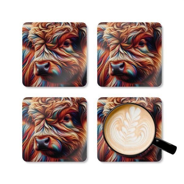 Set of 4 square coasters with an image of a stylized highland cow with multicolor accents. Shown with a mug for scale.