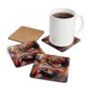 Set of 4 square coasters with an image of a stylized highland cow with multicolor accents. Shown with a mug for scale.