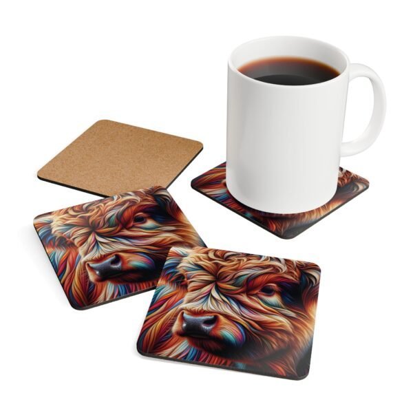 Set of 4 square coasters with an image of a stylized highland cow with multicolor accents. Shown with a mug for scale.