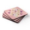 Set of 4 pink watercolor style floral coasters stacked on a table.