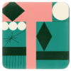 Square coaster with a mid century modern design in salmon pink, teal, green and off white colors.