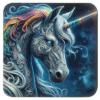 Square coaster with n image of fantasy style unicorn with rainbow accents.