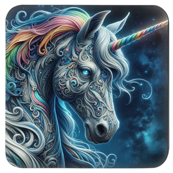 Square coaster with n image of fantasy style unicorn with rainbow accents.