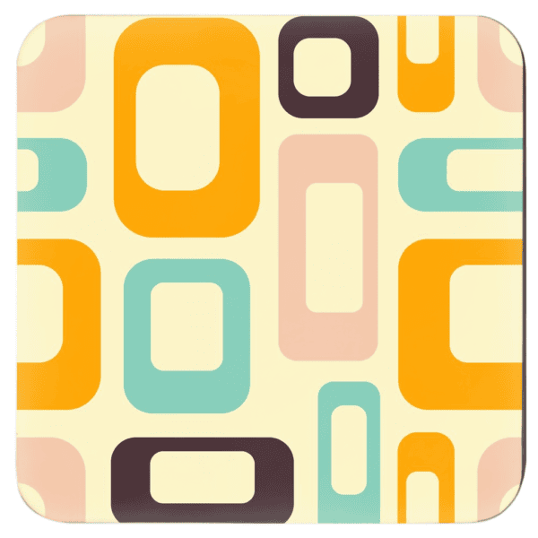 Square coaster with a mid century modern rectangle design in yellow, light pink, orange, aqua and brown.
