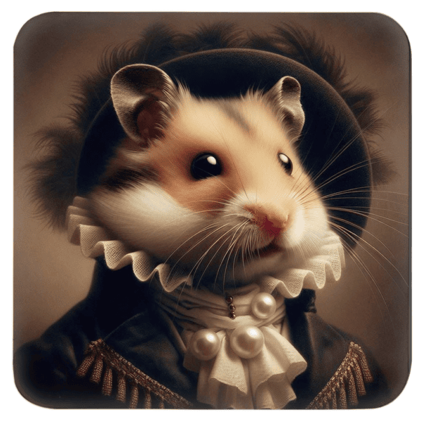 Square coaster with an image of a portrait anthropomorphic hamster dressed in Victorian clothing.