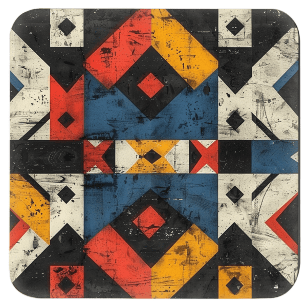 Square coaster with a geometric tribal design.