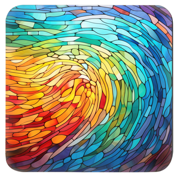 Square coaster with a rainbow mosaic stained glass style image printed on it.