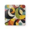 Square coaster with colorful abstract art print image on it.