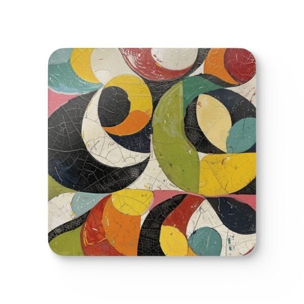 Square coaster with colorful abstract art print image on it.