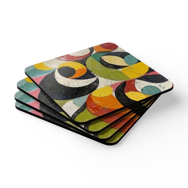 Set of 4 square coasters with colorful abstract art print image on them. Shown stacked on a table.