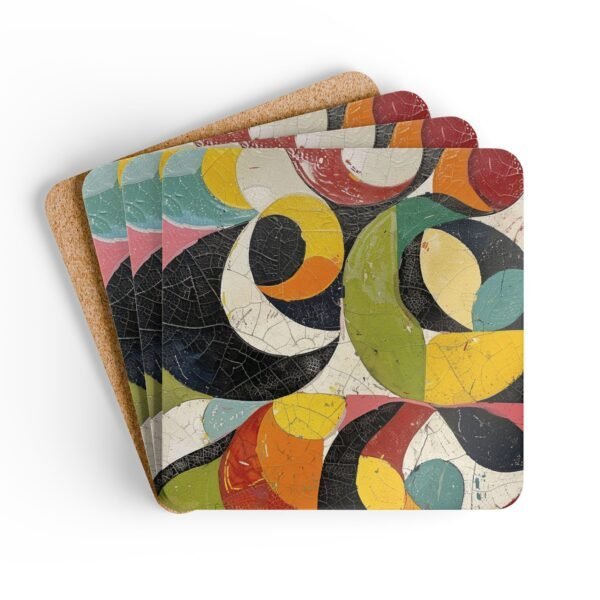Set of 4 square coasters with colorful abstract art print image on them. Shown stacked on a table.