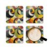 Set of 4 square coasters with colorful abstract art print image on them. Shown with a mug for scale.
