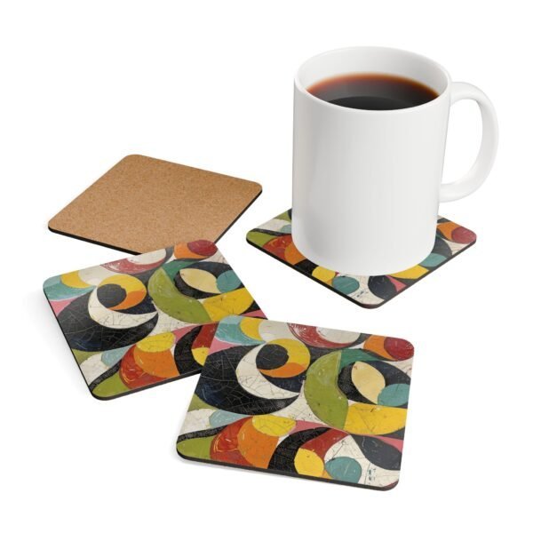 Set of 4 square coasters with colorful abstract art print image on them. Shown with a mug for scale.