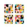 Set of four square coasters with coordinating colorful abstract art designs printed on them.