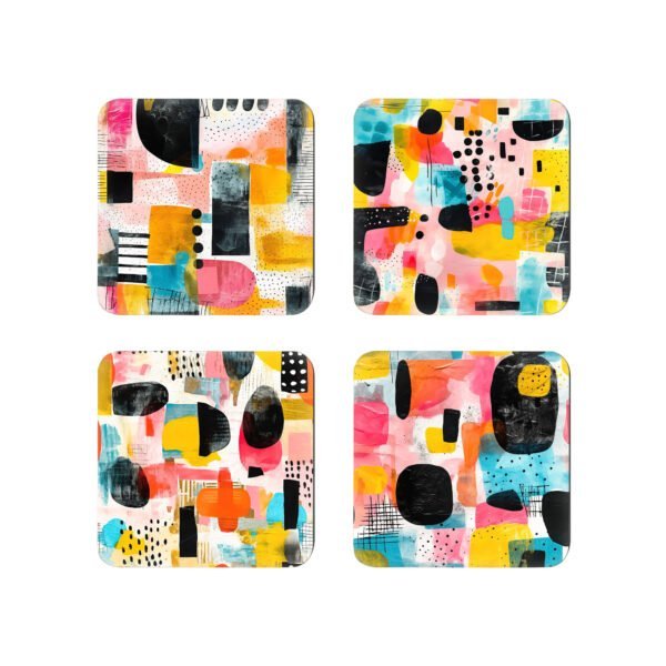Set of four square coasters with coordinating colorful abstract art designs printed on them.