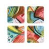 Set of 4 square coasters with colorful abstract art printed on them. Each coaster has a slightly different design.