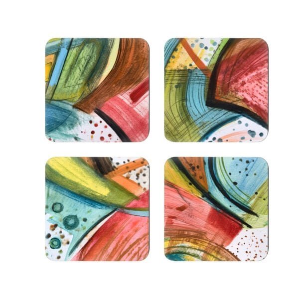 Set of 4 square coasters with colorful abstract art printed on them. Each coaster has a slightly different design.