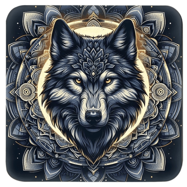 Wolf face with a mandala style background coaster.