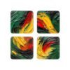 Set of 4 square coasters with impasto style paint images in red, yellow, green and black.