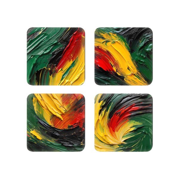 Set of 4 square coasters with impasto style paint images in red, yellow, green and black.