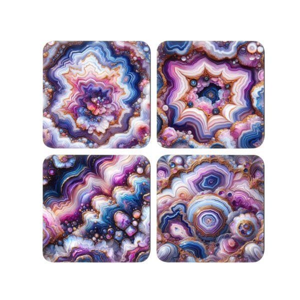 Set of 4 coordinating coasters with colorful agate design on each one.