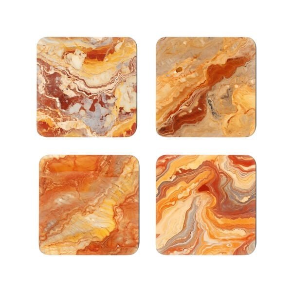 Set of 2 square coasters with autumn color marble design in oranges and amber colors.