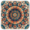 Square coaster with image of a red, navy blue and turquoise mandala print.