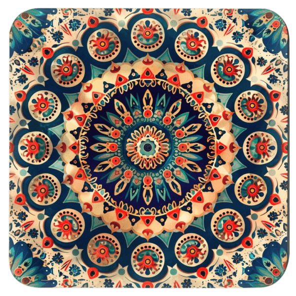 Square coaster with image of a red, navy blue and turquoise mandala print.