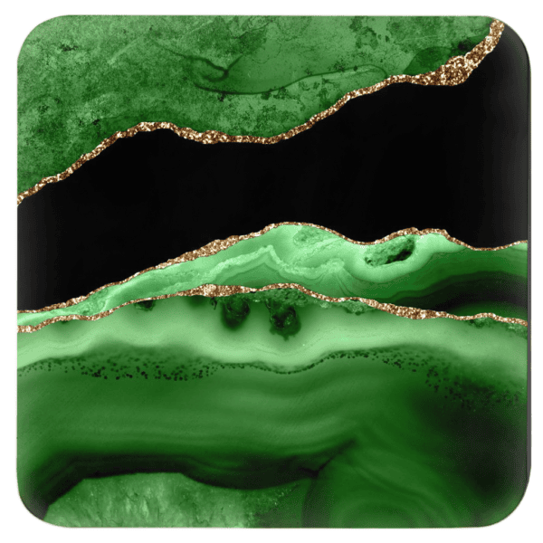 Square coaster with green, black and gold agate marble design.