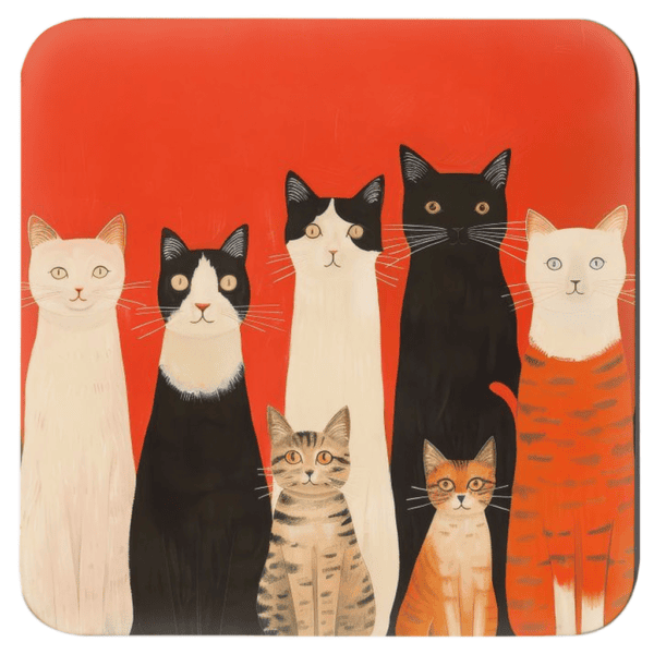 Square coaster with image of stylized cats on an orange background.