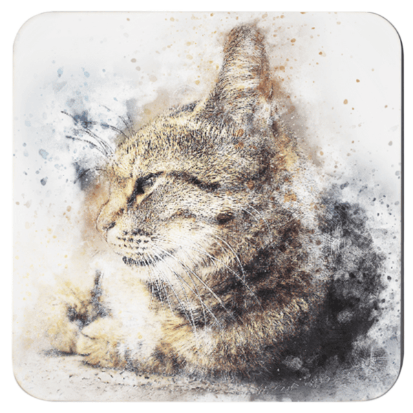 Watercolor style design of a striped cat.