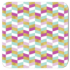 Square coaster with a geometric pattern in pink, gold, teal, aqua and white colors.