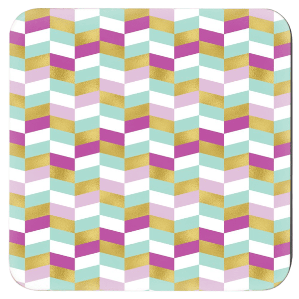 Square coaster with a geometric pattern in pink, gold, teal, aqua and white colors.