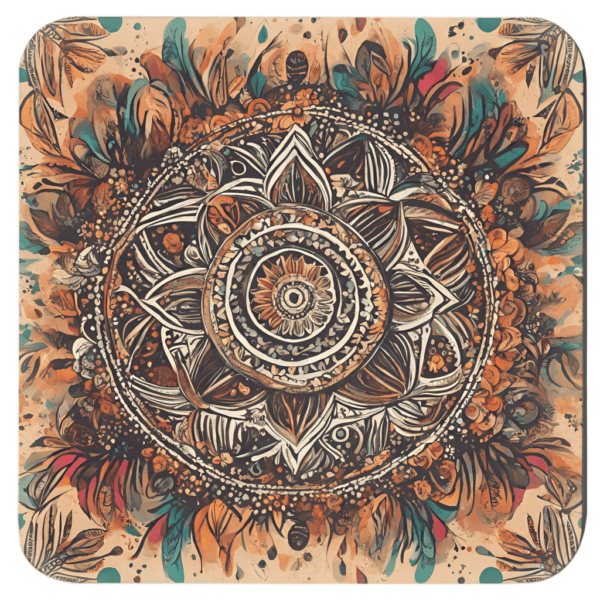 Square coaster with a watercolor style mandala in earthy tones.