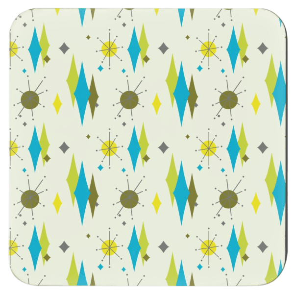 Set of 4 coasters with lime, olive and turquoise mid century modern print design.