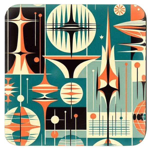 Square coaster with a Mid Century Modern design in salmon , teal and turquoise colors.