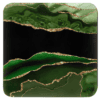 Square coaster with green, black and gold agate marble design.