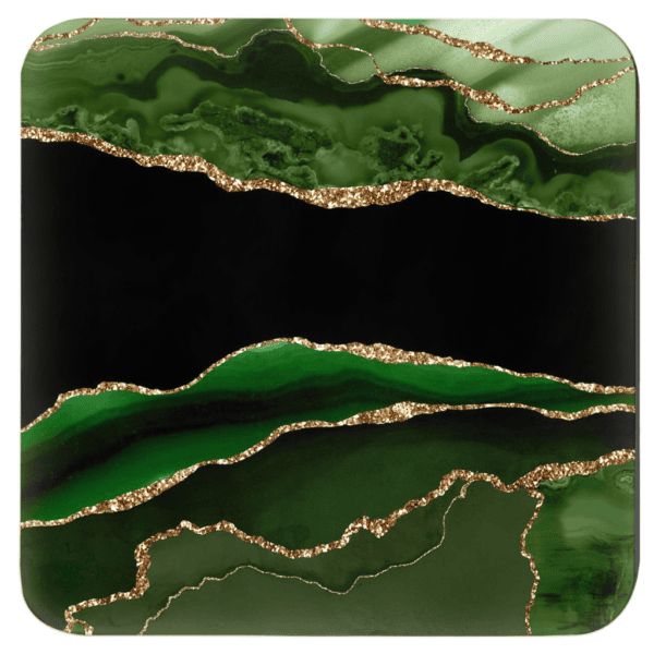 Square coaster with green, black and gold agate marble design.