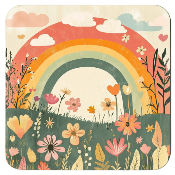 Sage and terracotta colors floral print with a rainbow in the background. Show on a square coaster.