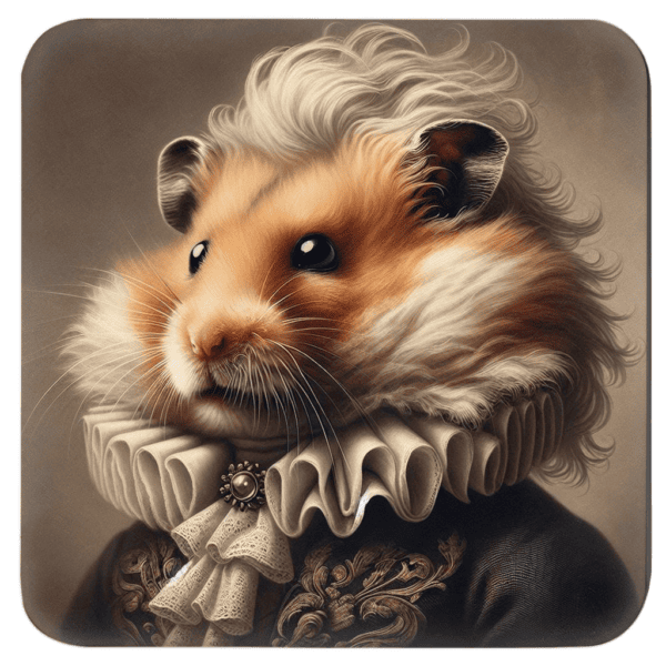 Square coaster with an image of a portrait anthropomorphic hamster dressed in Victorian clothing.