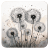 Square dandelion seed coaster with watercolor style image of dandelions printed on it.