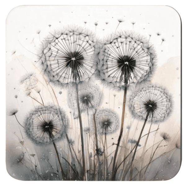 Square dandelion seed coaster with watercolor style image of dandelions printed on it.