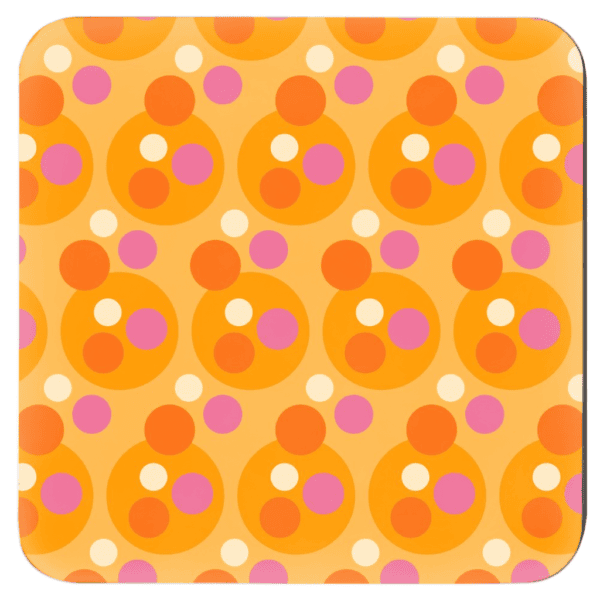 Square coaster with a retro pink and orange dot design.