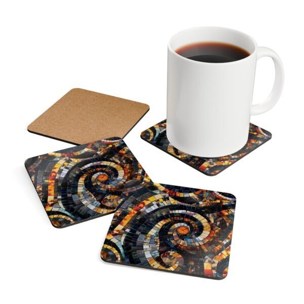 Set of 4 square coasters with a mosaic design in black and amber colors printed. Shown with a mug for scale.