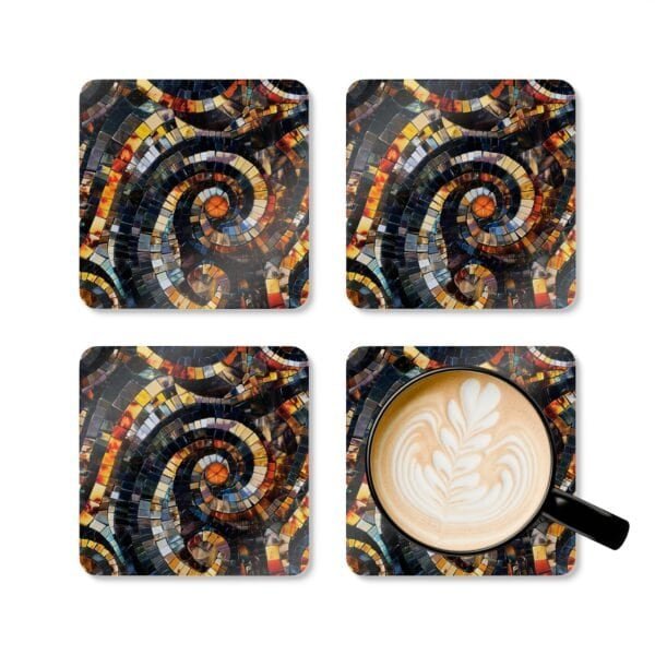 Set of 4 square coasters with a mosaic design in black and amber colors printed. Shown with a mug for scale.