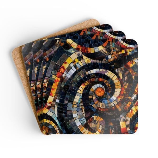 Set of 4 square coasters with a mosaic design in black and amber colors printed. Shown stacked on a table.