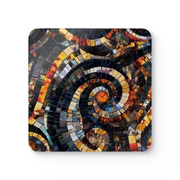 Square coaster with a mosaic design in black and amber colors printed on.