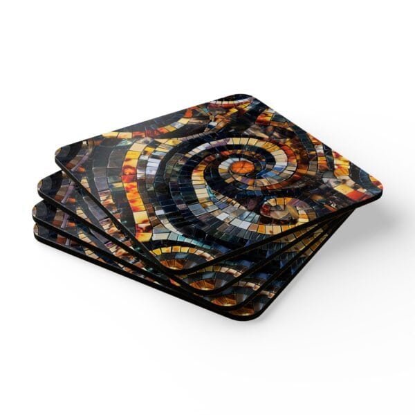 Set of 4 square coasters with a mosaic design in black and amber colors printed. Shown stacked on a table.