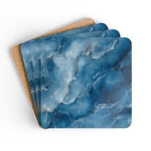 Blue and white marble print coaster set stacked on a table.